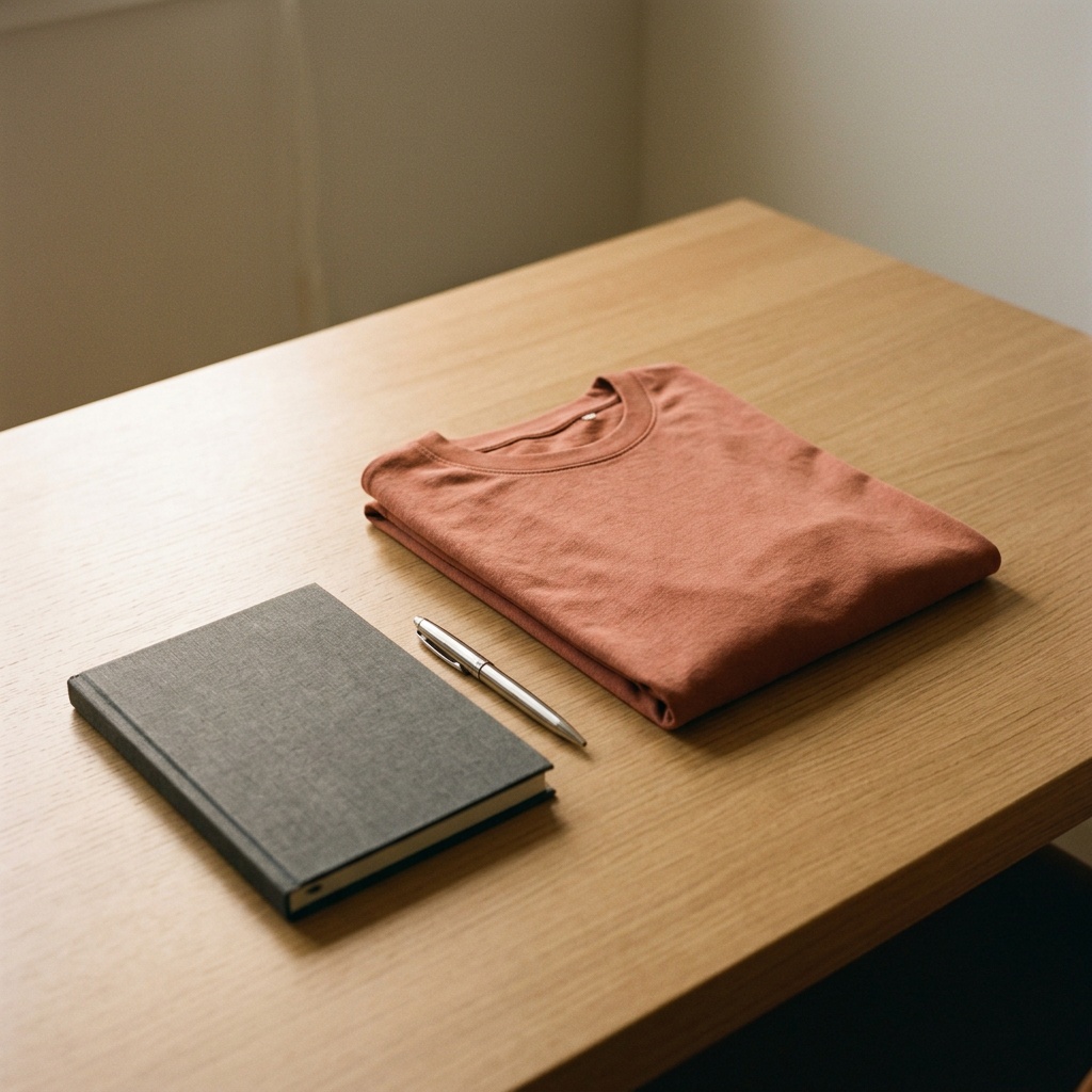 Tidy desk with a notebook and folded jersey representing the inquiry desk