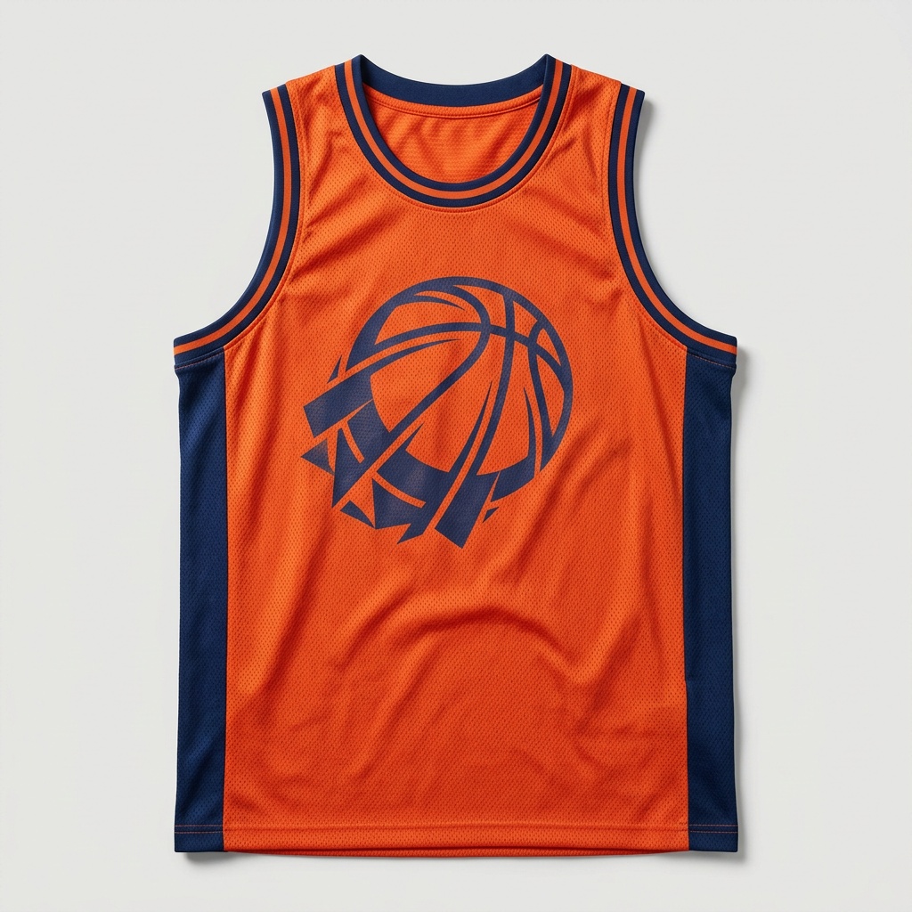 Court vision orange and navy original theme basketball jersey laid flat