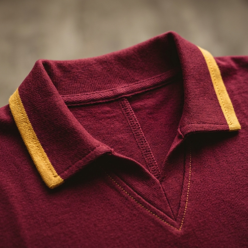 Close up of the ribbed crew collar with tonal trim on the Heritage Maroon Vintage Kit