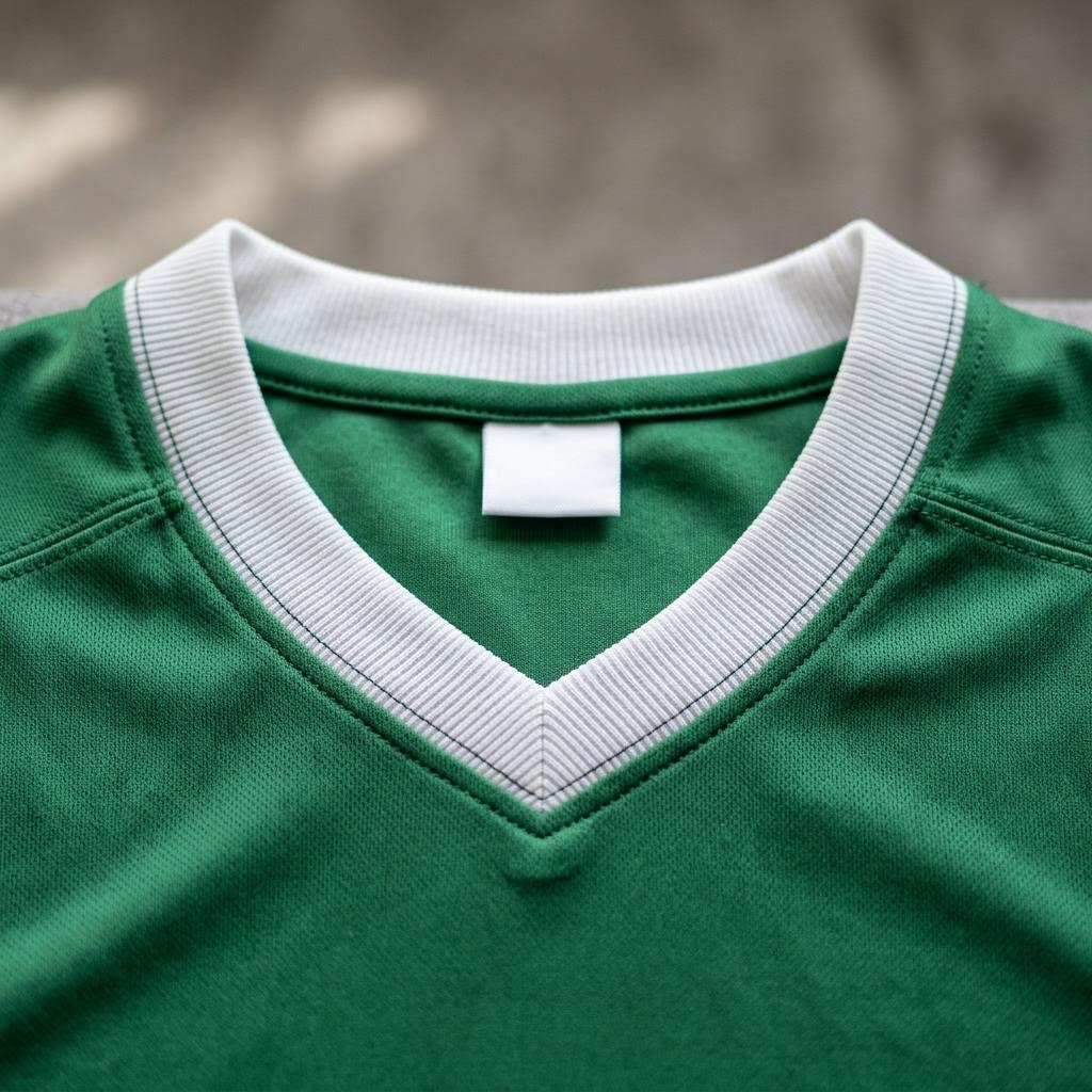Close up of the ribbed crew collar on the Meadow Green Away Kit