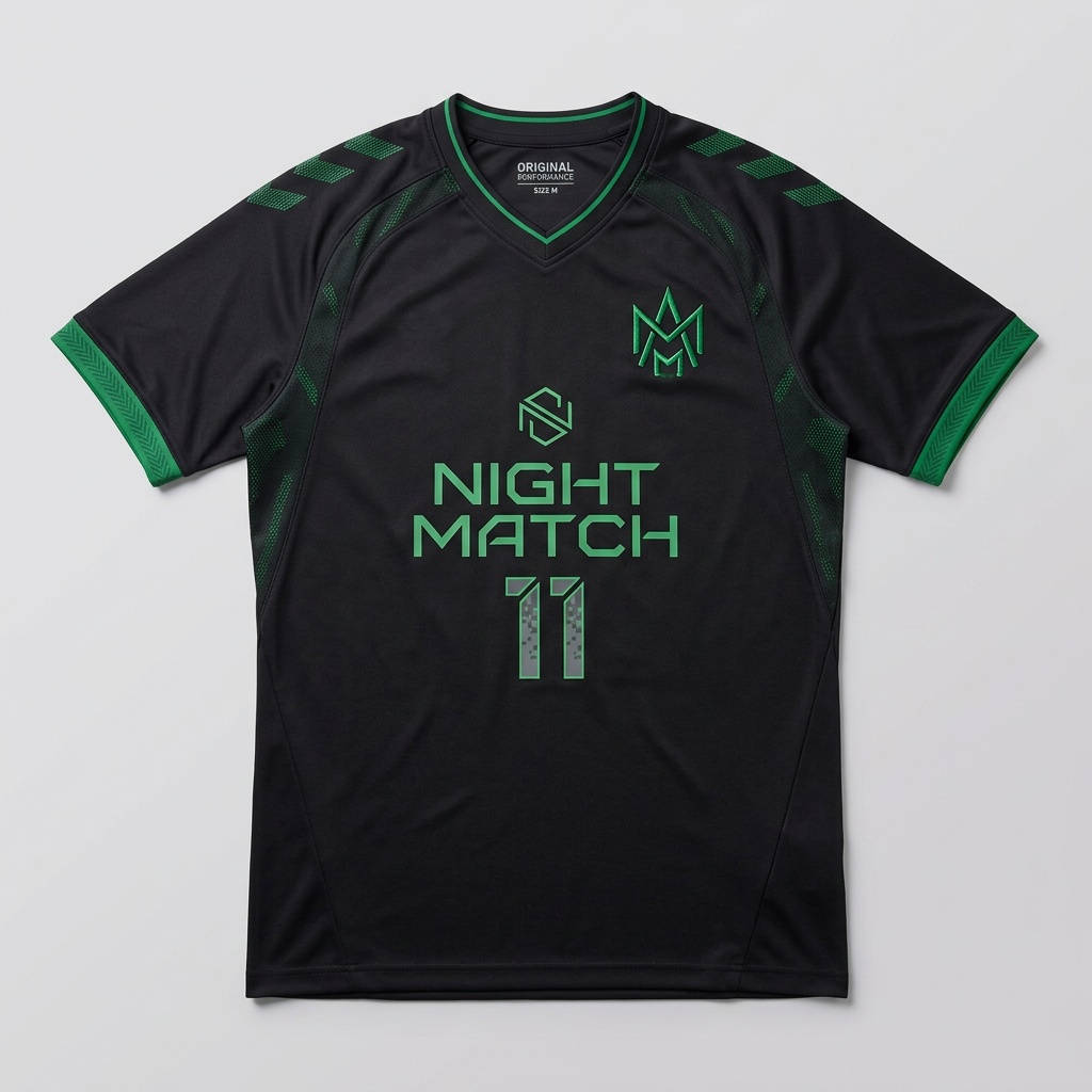 Night match black and green original theme football jersey laid flat